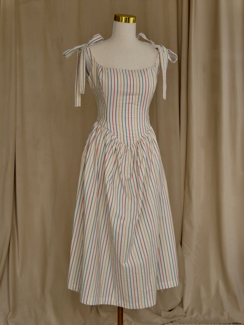 Striped Basque-Waist Midi Dress