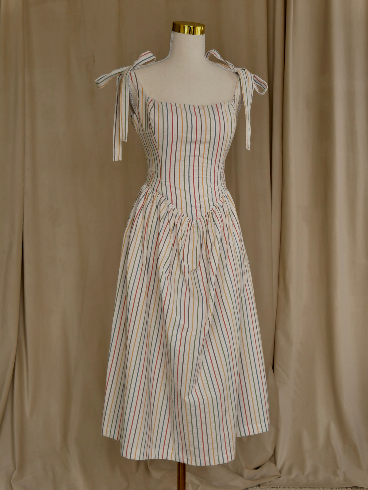 Striped Basque-Waist Midi Dress