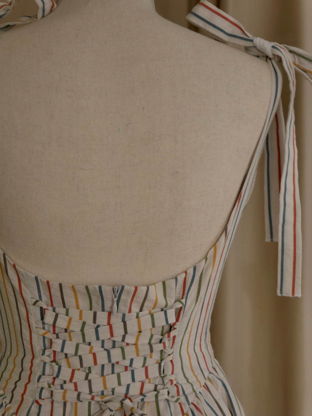 Striped Basque-Waist Midi Dress
