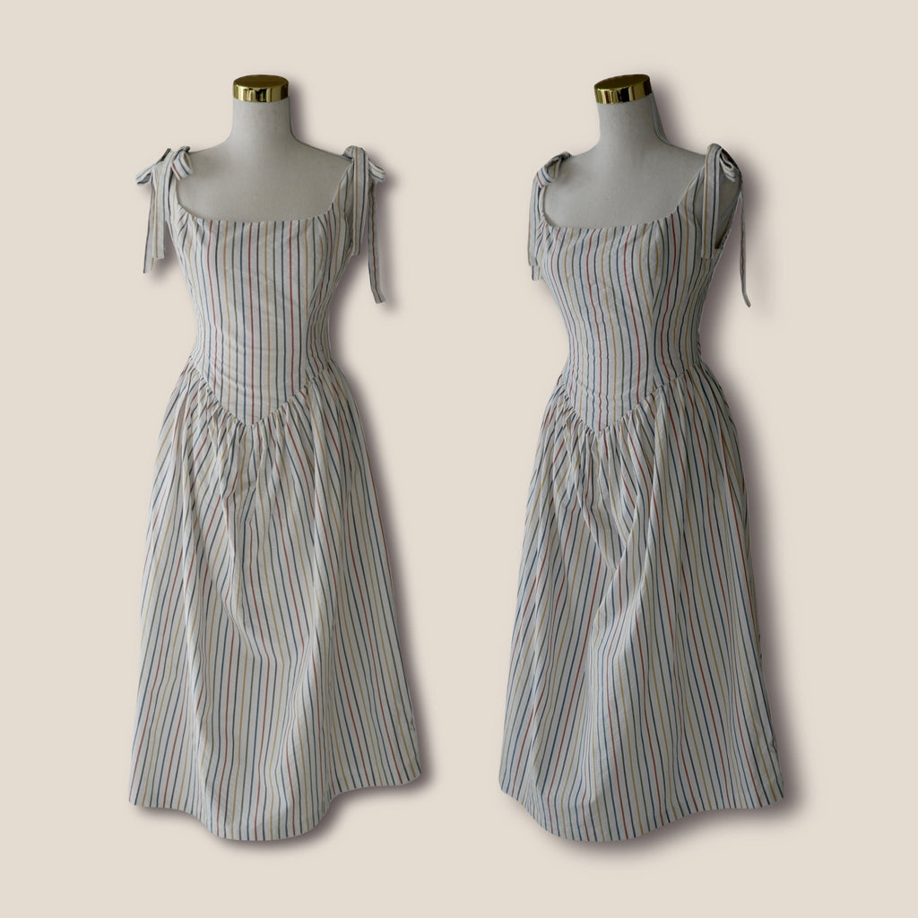 Striped Basque-Waist Midi Dress