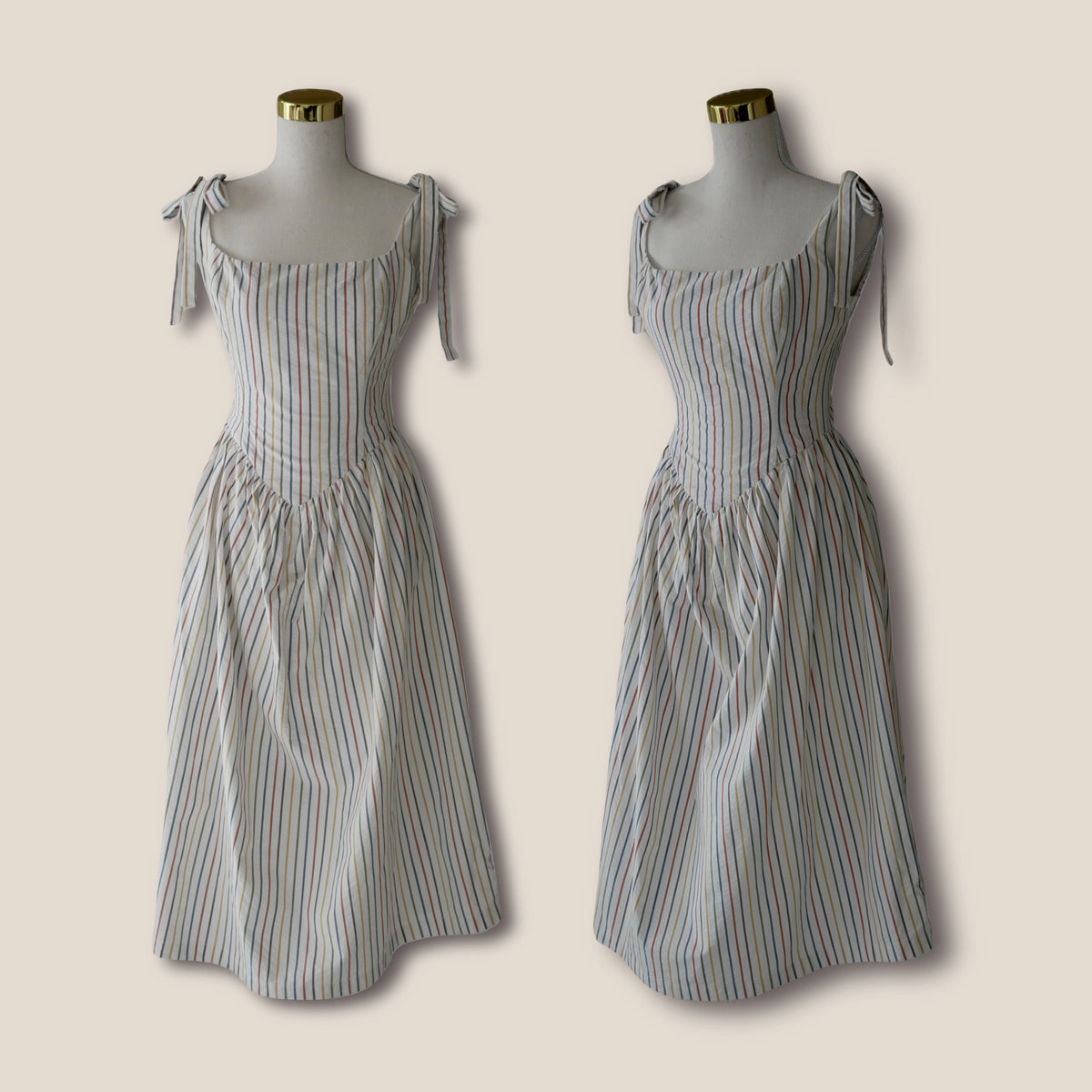 Striped Basque-Waist Midi Dress
